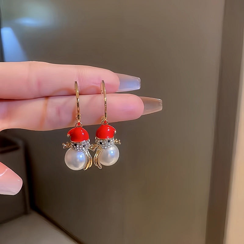 14K Gold-Plated Christmas Diamond Pearl Snowman Earrings