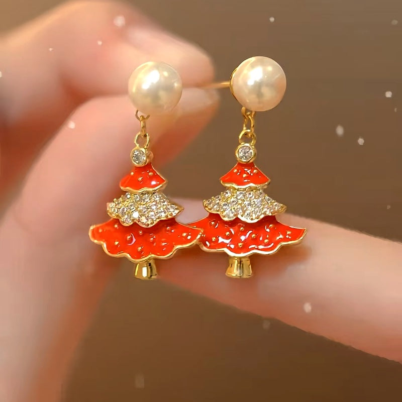 14K Gold-Plated Christmas Diamond Zircon Artificial Pearl Christmas Tree Earrings