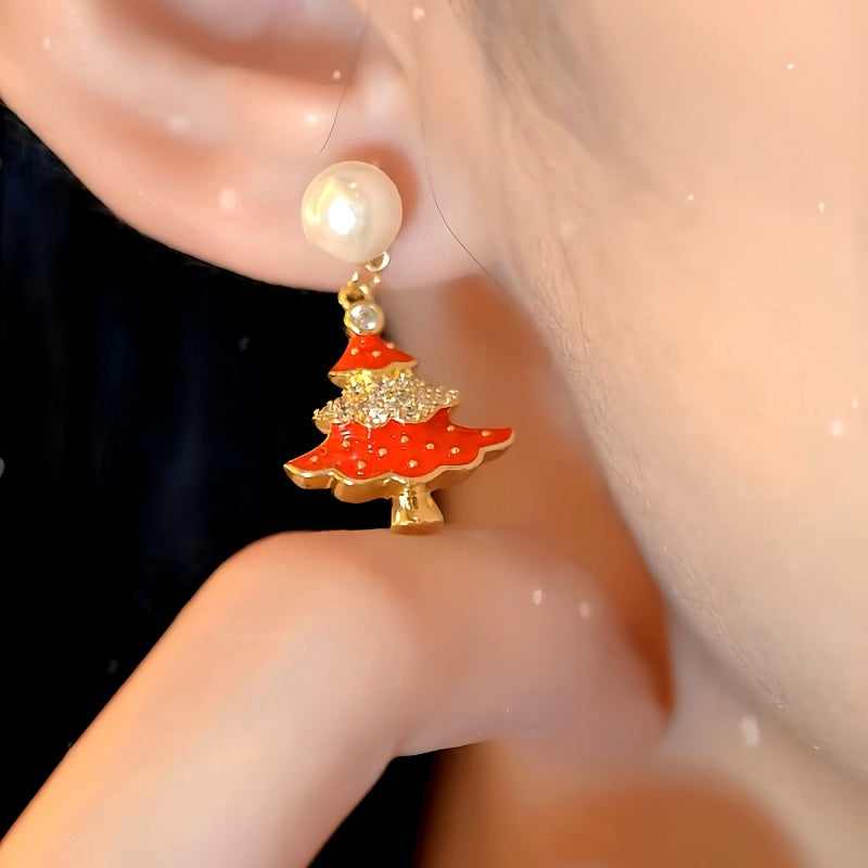 14K Gold-Plated Christmas Diamond Zircon Artificial Pearl Christmas Tree Earrings