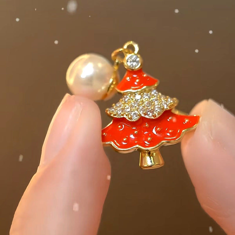14K Gold-Plated Christmas Diamond Zircon Artificial Pearl Christmas Tree Earrings