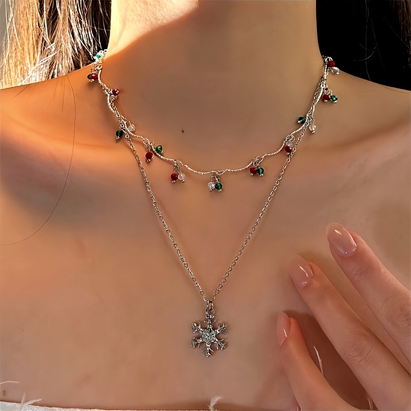 14K Gold-Plated Christmas Double-Layer Christmas Snowflake Tassel Necklace