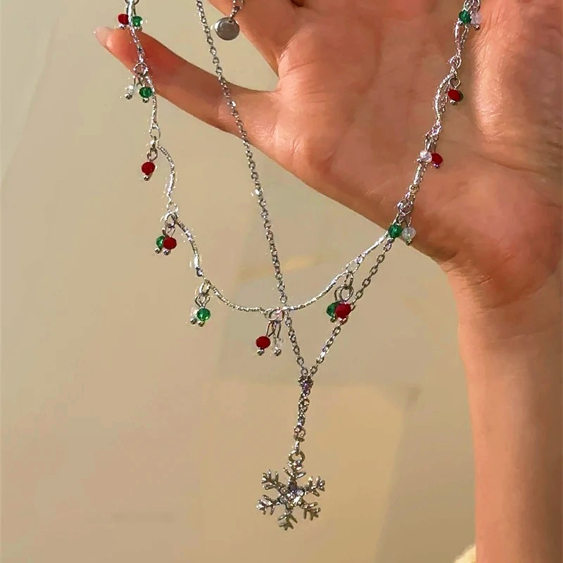 14K Gold-Plated Christmas Double-Layer Christmas Snowflake Tassel Necklace
