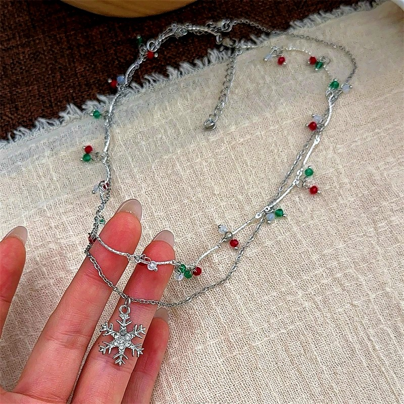 14K Gold-Plated Christmas Double-Layer Christmas Snowflake Tassel Necklace