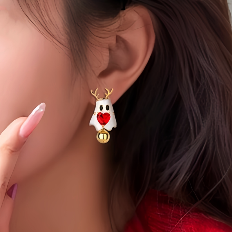 14K Gold-Plated Christmas Elk Zircon Heart Earrings