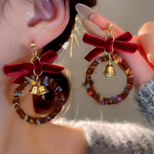14K Gold-Plated Christmas Hoop Bow Bell Earrings