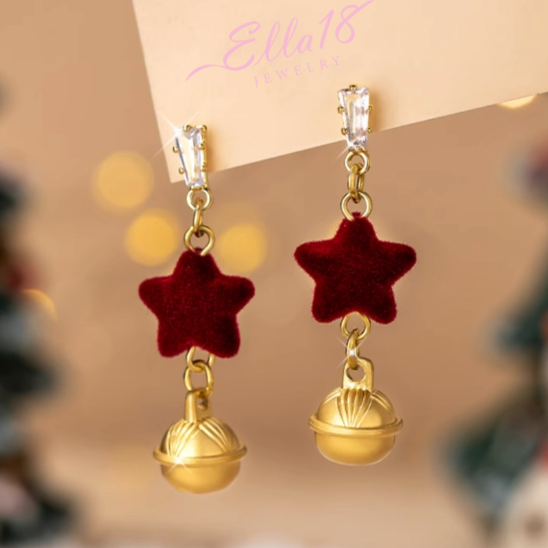 14K Gold-Plated Christmas Red Star Bell Earrings