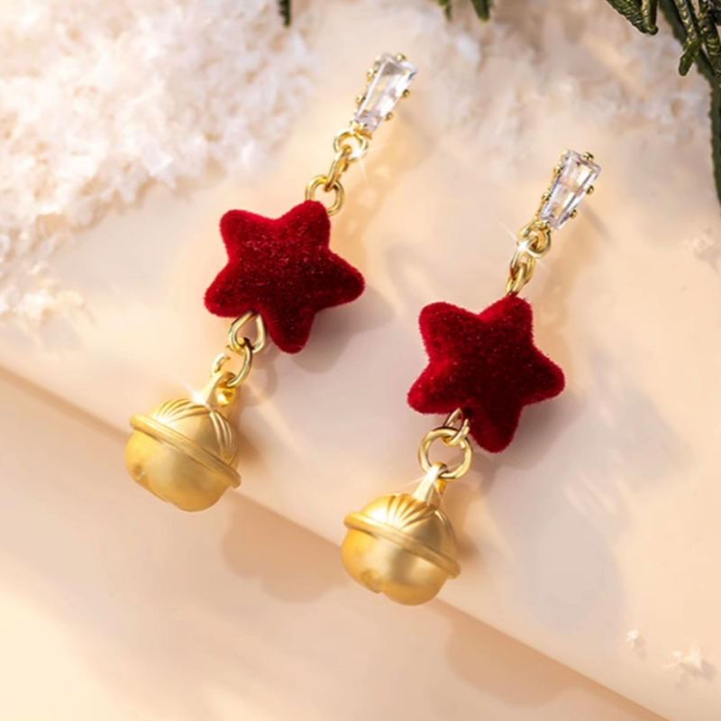 14K Gold-Plated Christmas Red Star Bell Earrings