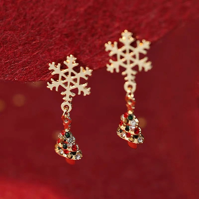 14K Gold-Plated Christmas Snowflake Christmas Tree Earrings