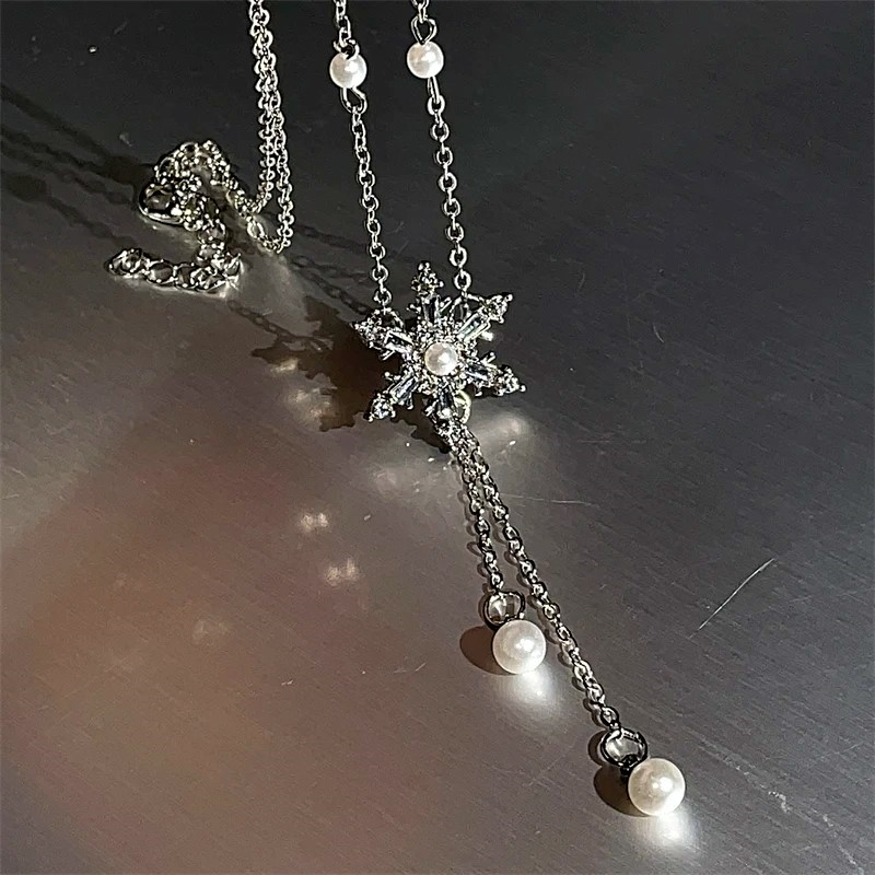 14K Gold-Plated Christmas Snowflake Pearl Tassel Necklace