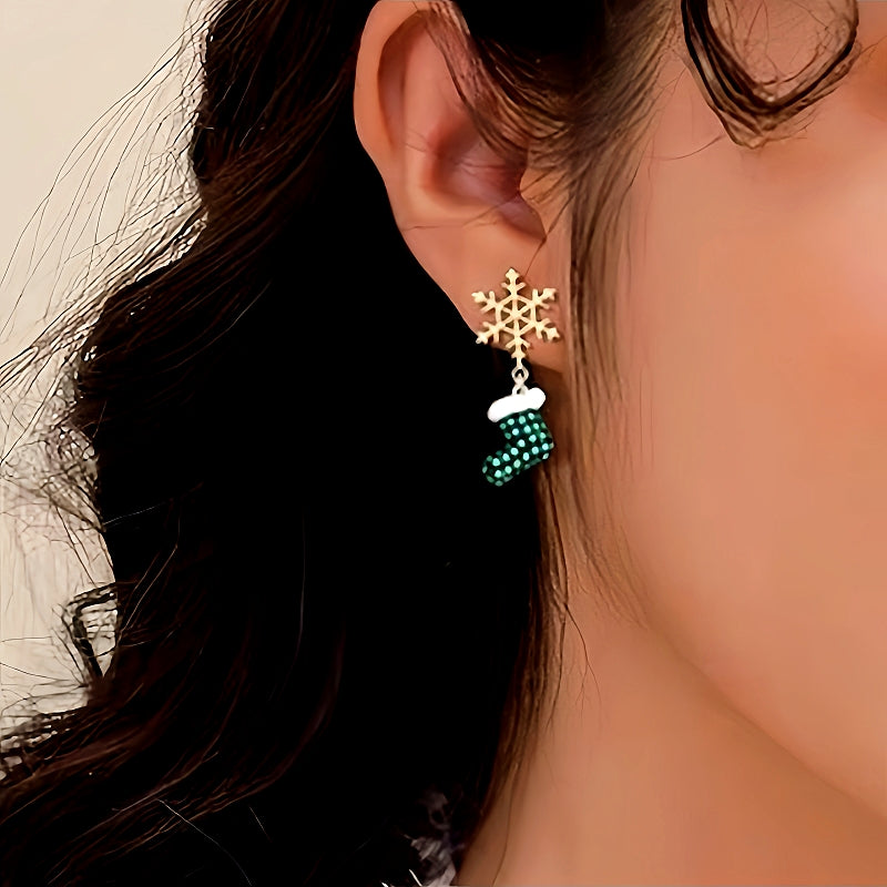 14K Gold-Plated Christmas Snowflake Shoes Hat Earrings