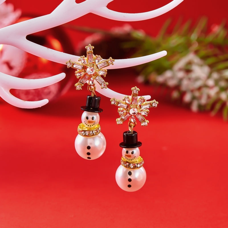 14K Gold-Plated Christmas Snowflake Snowman Pendant Earrings