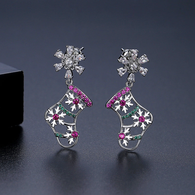 14K Gold-Plated Christmas Stocking Zircon Snowflake Earrings