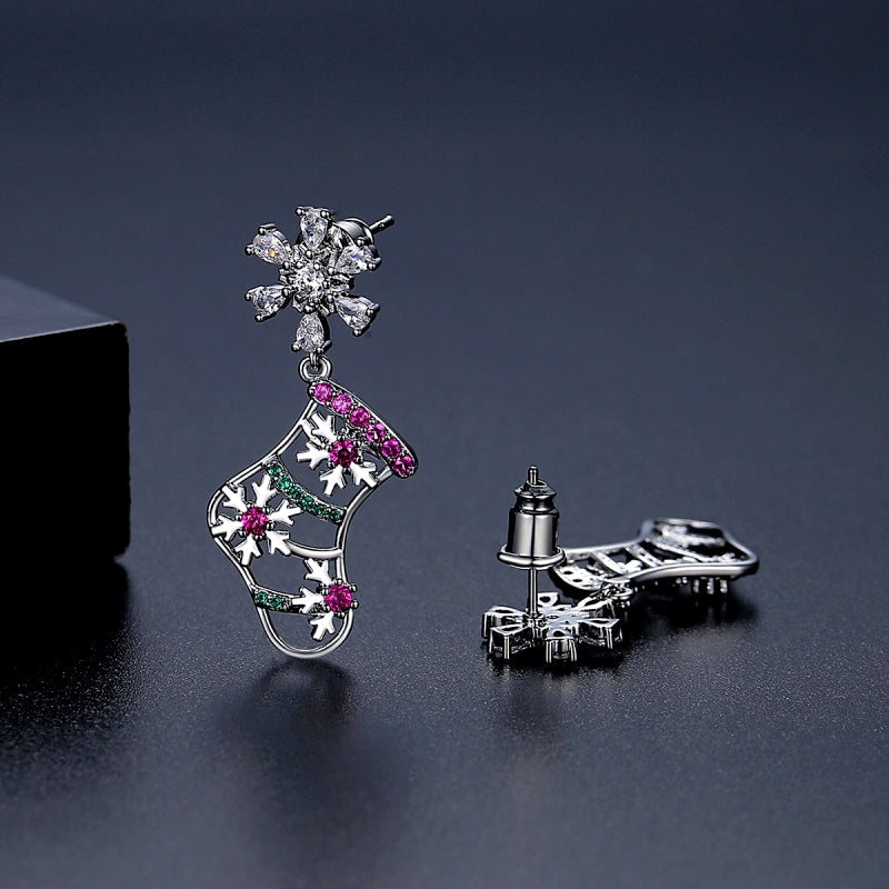 14K Gold-Plated Christmas Stocking Zircon Snowflake Earrings