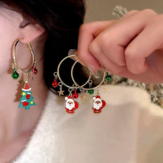 14K Gold-Plated Christmas Tree And Santa Claus Hoop Tassel Earrings