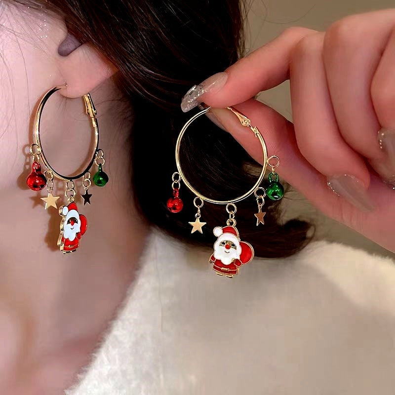 14K Gold-Plated Christmas Tree And Santa Claus Hoop Tassel Earrings
