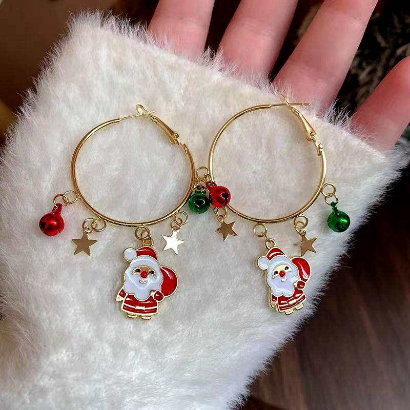 14K Gold-Plated Christmas Tree And Santa Claus Hoop Tassel Earrings