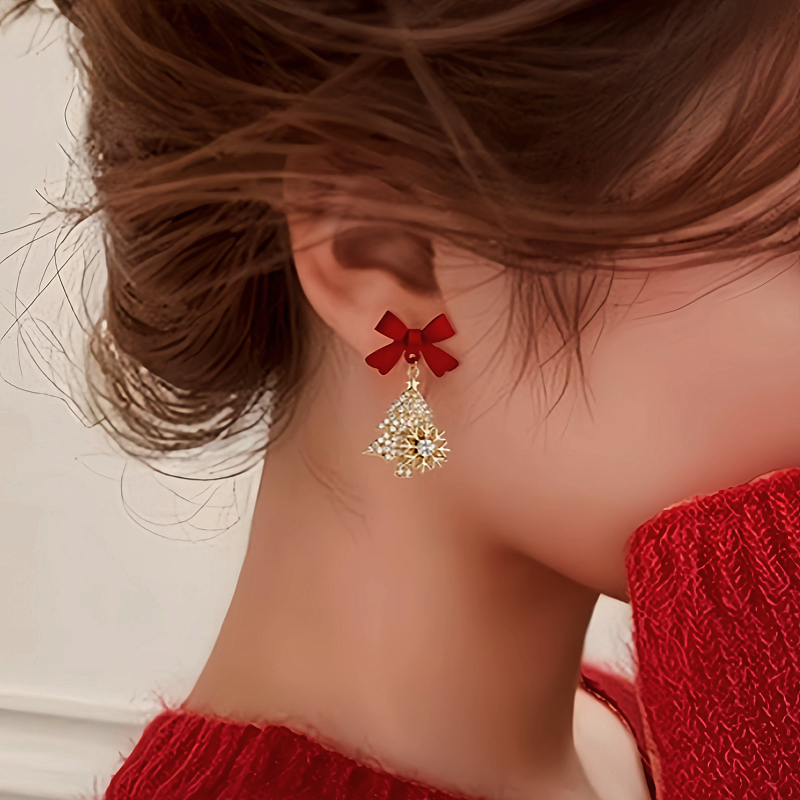 14K Gold-Plated Christmas Tree Bow Earrings