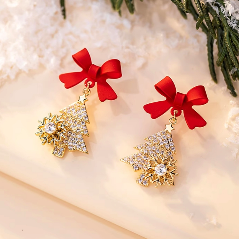 14K Gold-Plated Christmas Tree Bow Earrings