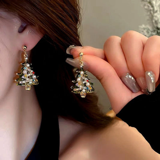 14K Gold-Plated Christmas Tree Diamond And Pearl Earrings