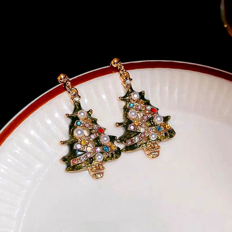 14K Gold-Plated Christmas Tree Diamond And Pearl Earrings