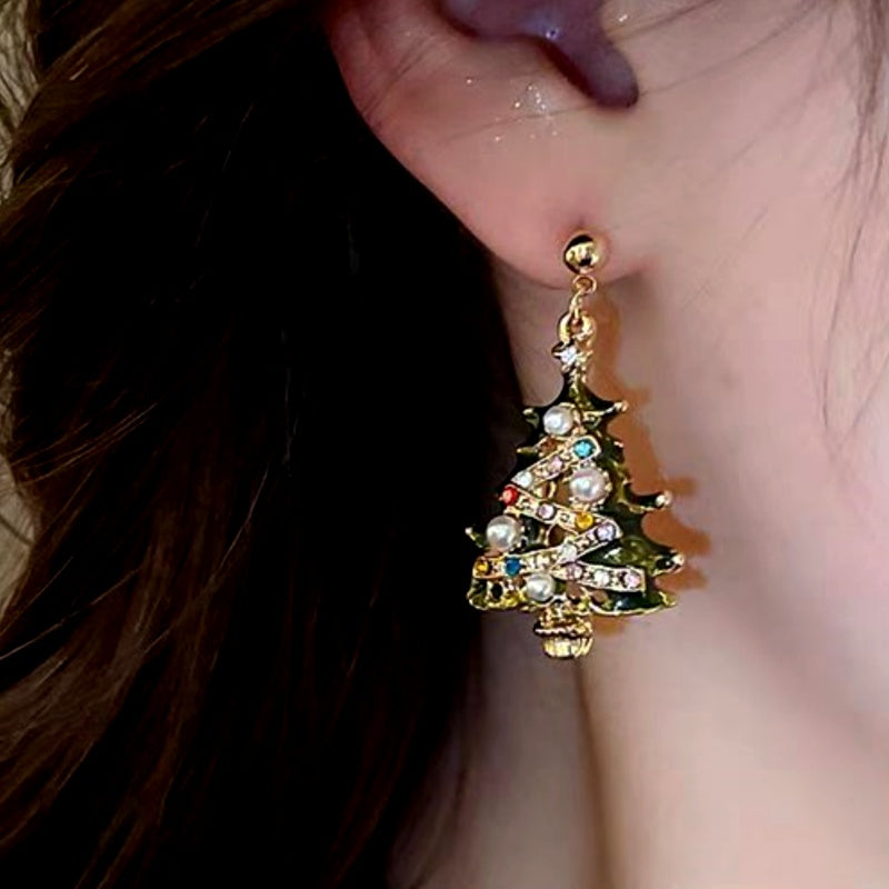 14K Gold-Plated Christmas Tree Diamond And Pearl Earrings
