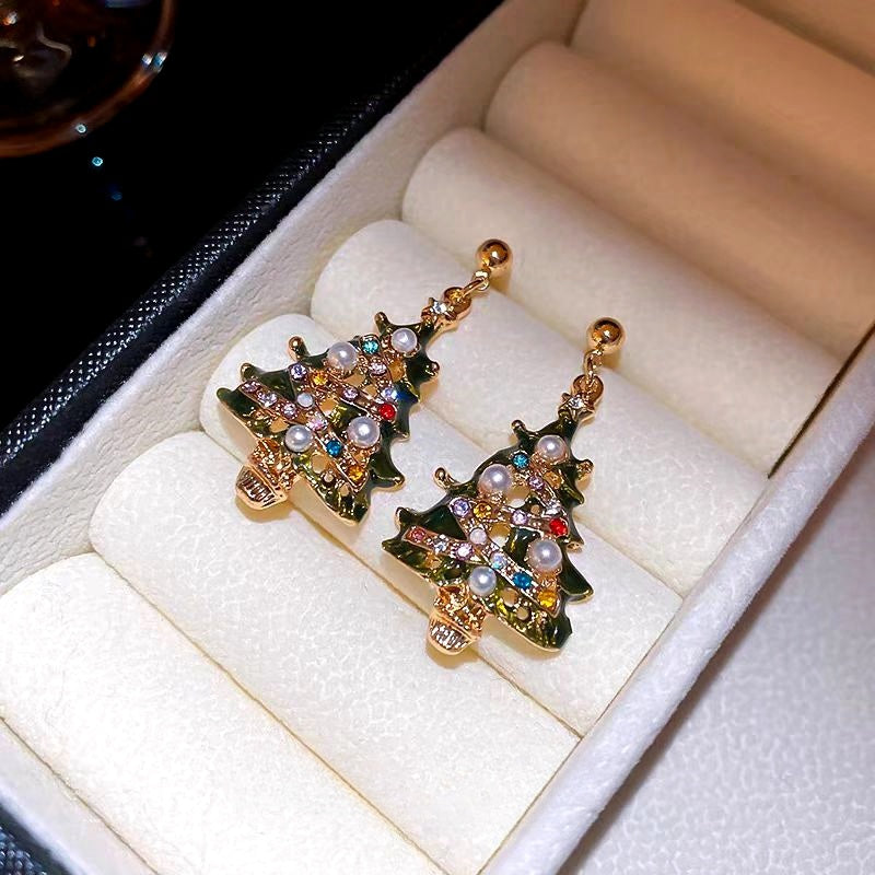 14K Gold-Plated Christmas Tree Diamond And Pearl Earrings