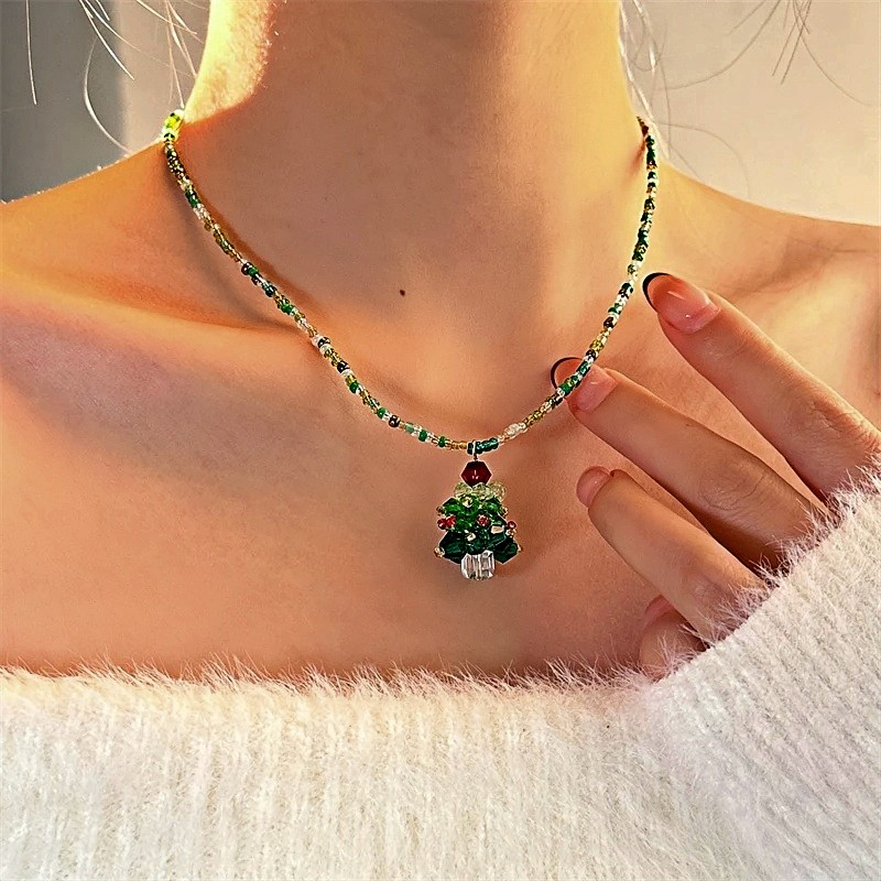 14K Gold-Plated Christmas Tree Pendant Beaded Necklace
