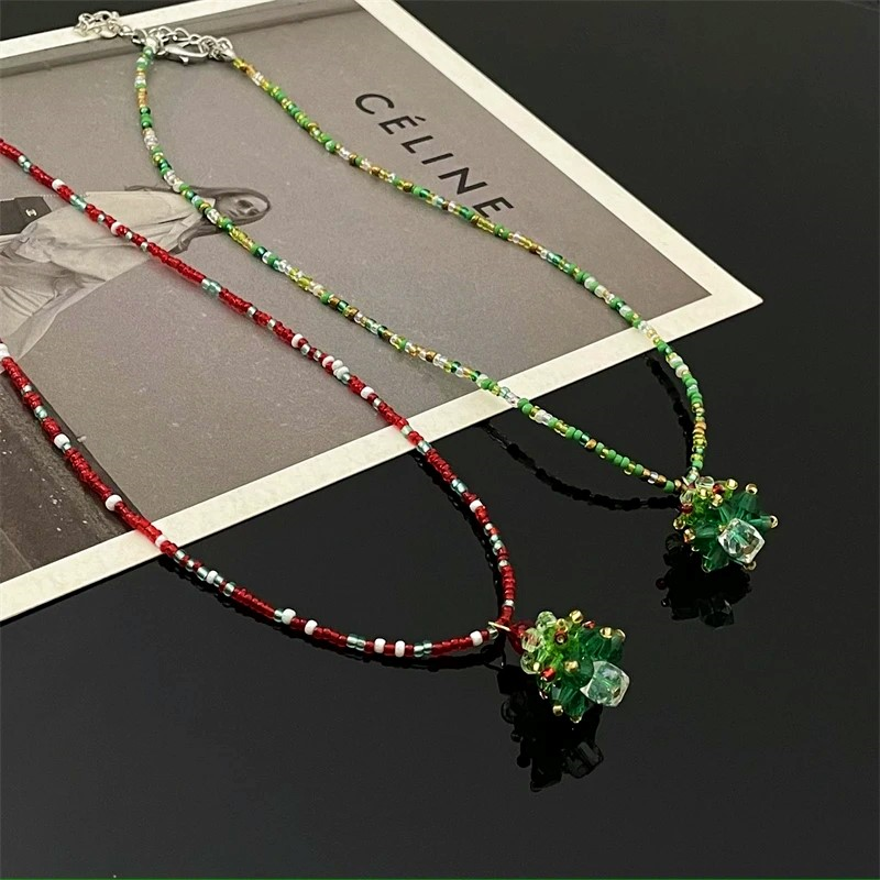 14K Gold-Plated Christmas Tree Pendant Beaded Necklace