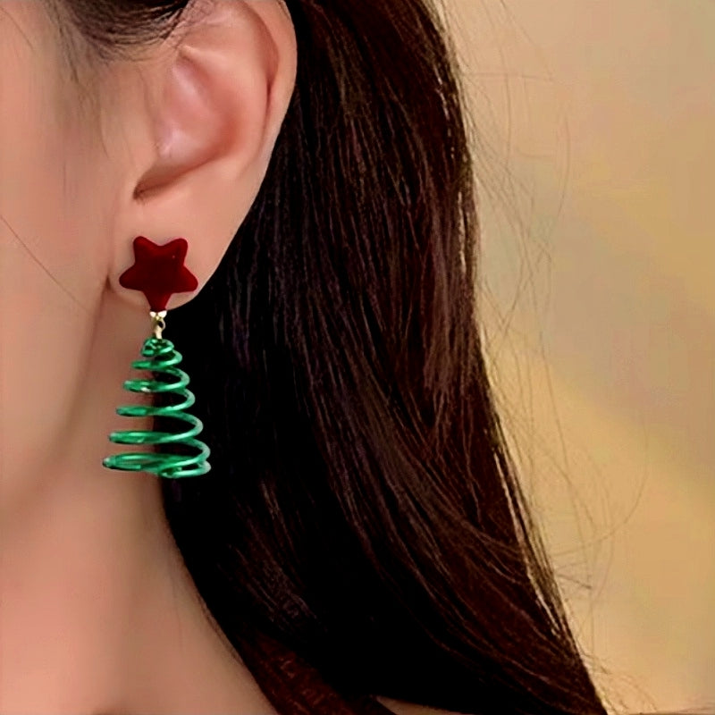 14K Gold-Plated Christmas Tree Red Velvet Star Earrings