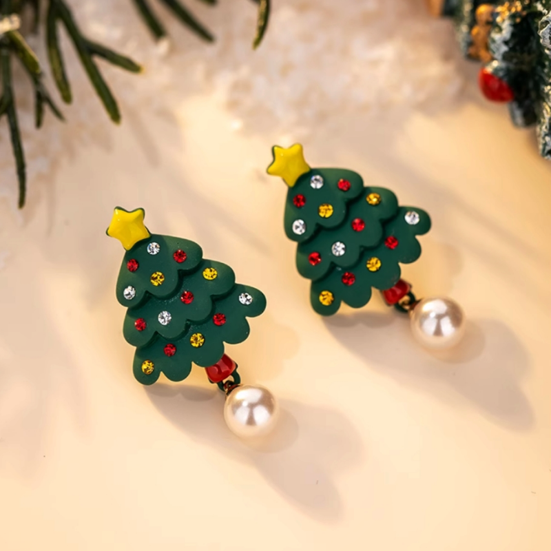 14K Gold-Plated Christmas Tree Star Pearl Earrings