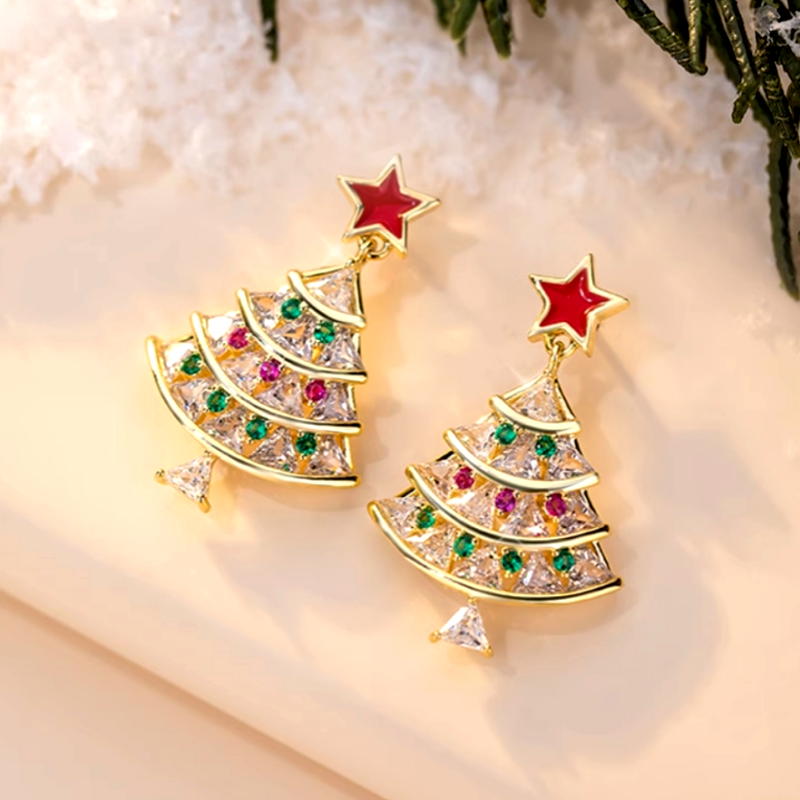 14K Gold-Plated Christmas Tree Zircon Star Earrings