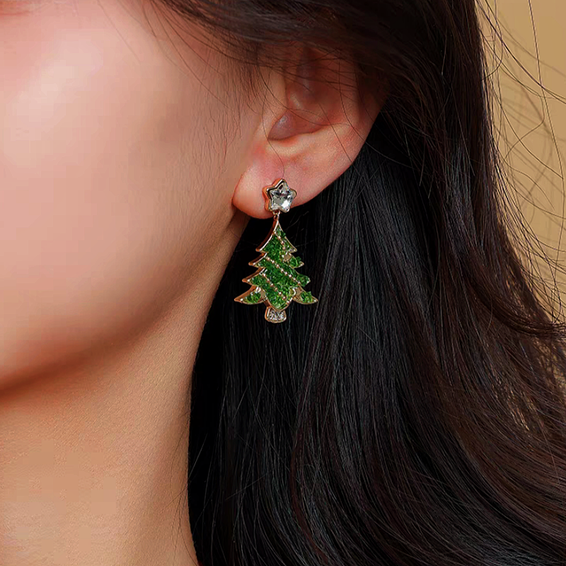 14K Gold-Plated Christmas Tree Zircon Star Earrings