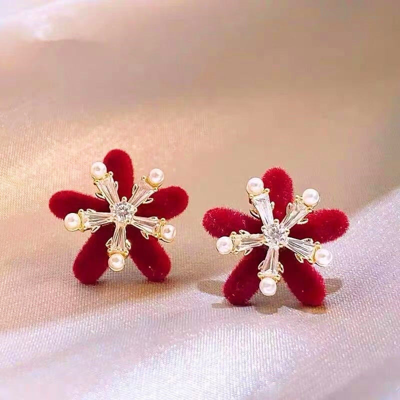 14K Gold-Plated Christmas Velvet Snowflake Stud Earrings