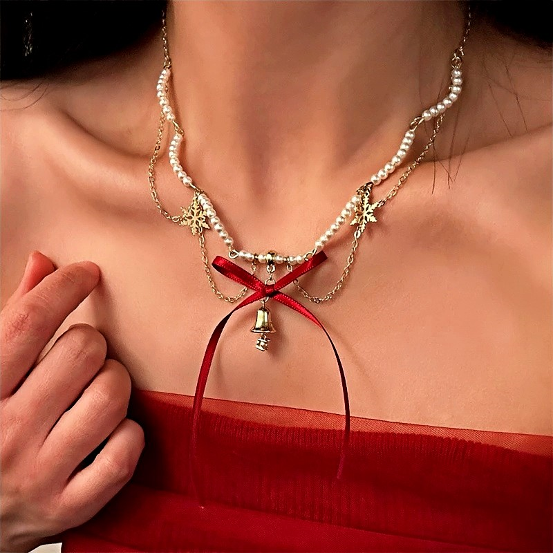 14K Gold-Plated Christmas Wine Red Bow Bell Beaded Snowflake Necklace