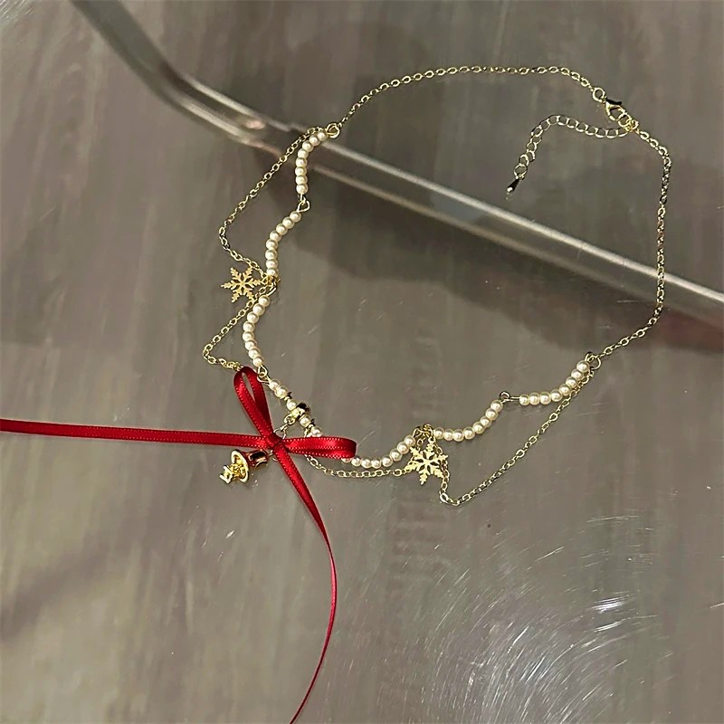 14K Gold-Plated Christmas Wine Red Bow Bell Beaded Snowflake Necklace