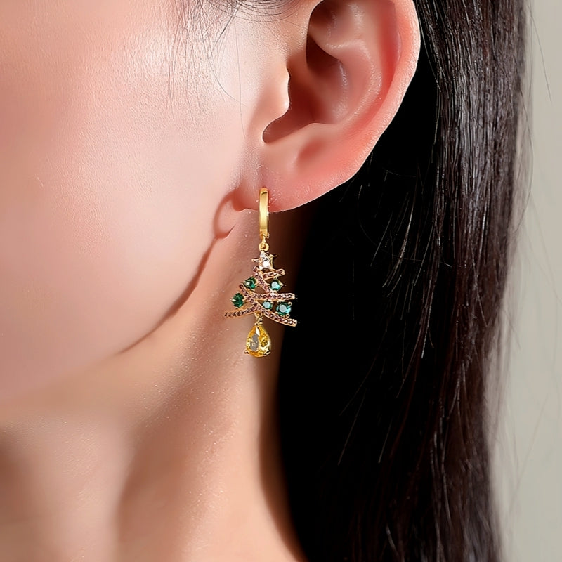 14K Gold-Plated Christmas Zircon Colored Christmas Tree Earrings