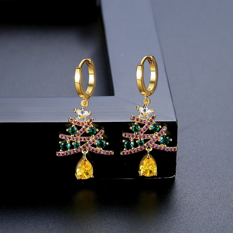 14K Gold-Plated Christmas Zircon Colored Christmas Tree Earrings