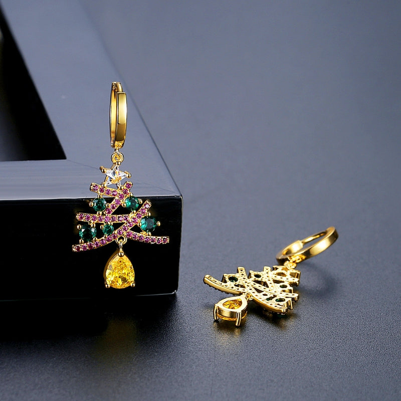 14K Gold-Plated Christmas Zircon Colored Christmas Tree Earrings