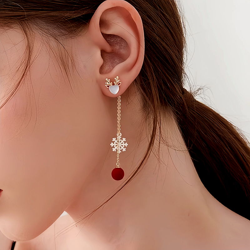 14K Gold-Plated Christmas Zircon Deer Snowflake Tassel Earrings