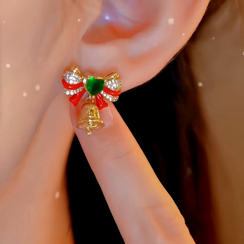 14K Gold-Plated Christmas Zircon Diamond Bow Bell Earrings