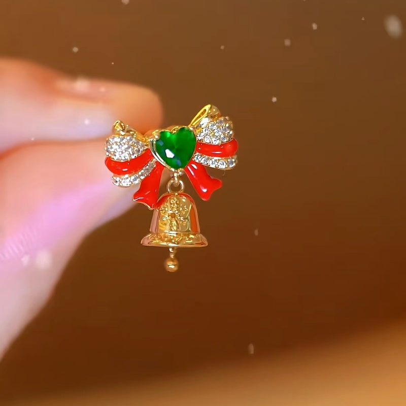 14K Gold-Plated Christmas Zircon Diamond Bow Bell Earrings