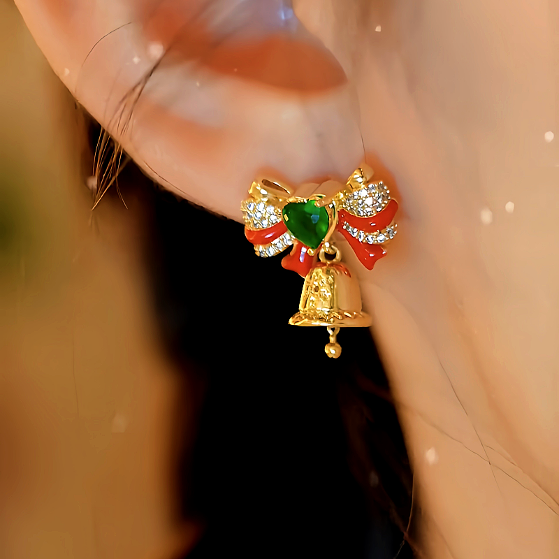 14K Gold-Plated Christmas Zircon Diamond Bow Bell Earrings