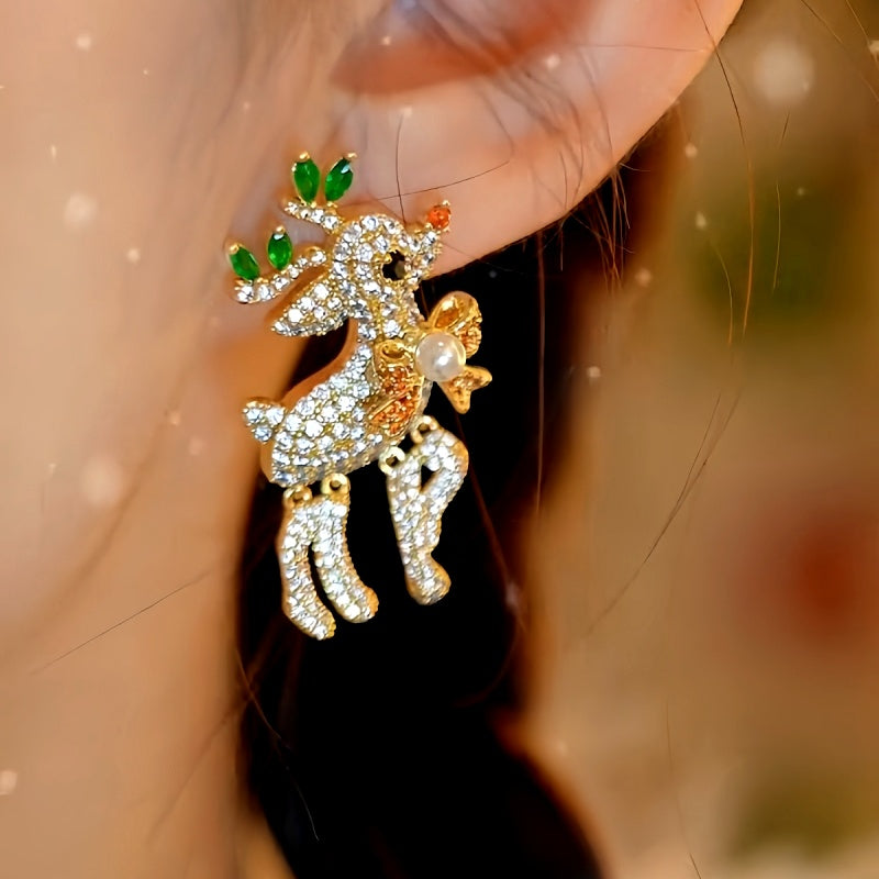 14K Gold-Plated Christmas Zircon Diamond Little Elk Artificial Pearl Earrings