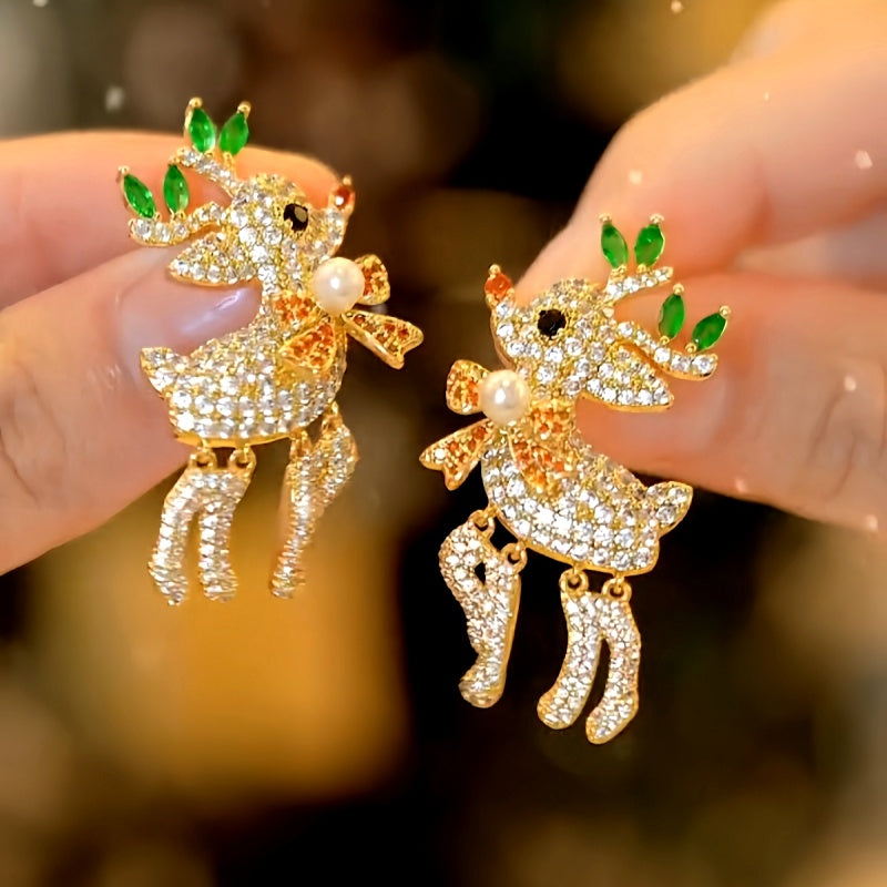 14K Gold-Plated Christmas Zircon Diamond Little Elk Artificial Pearl Earrings