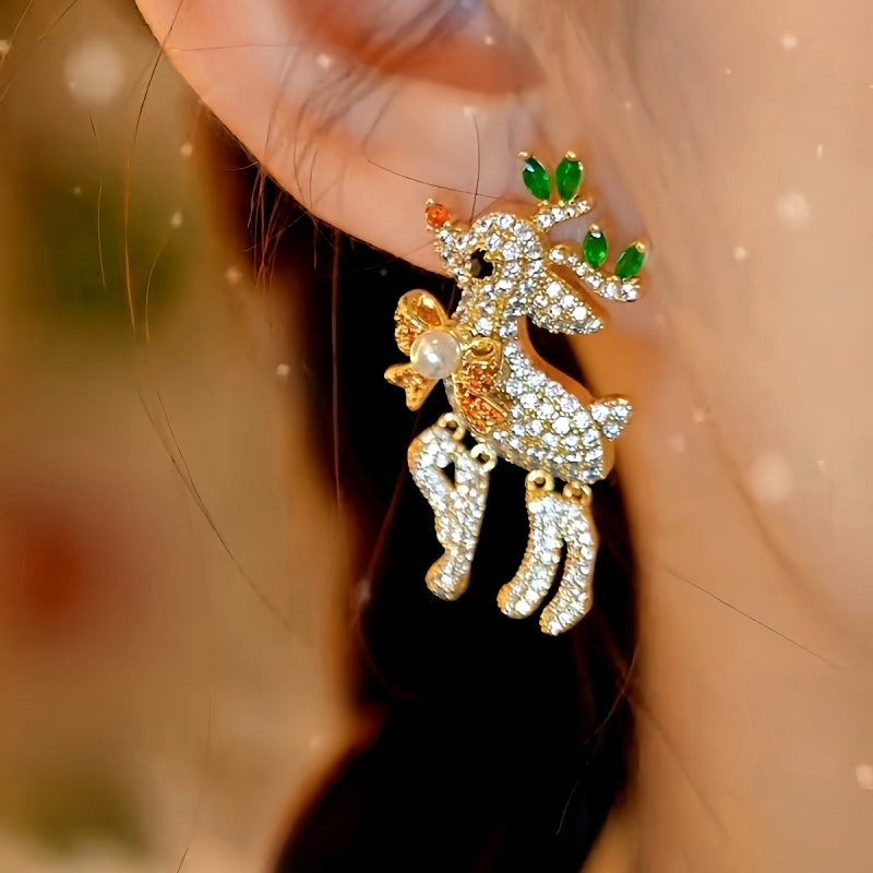 14K Gold-Plated Christmas Zircon Diamond Little Elk Artificial Pearl Earrings