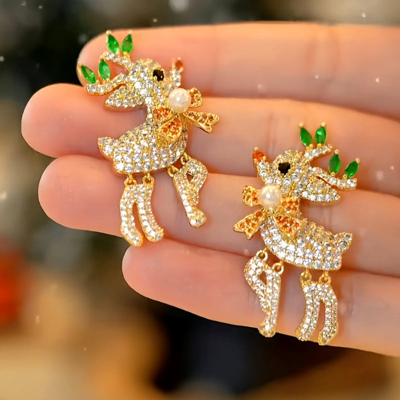 14K Gold-Plated Christmas Zircon Diamond Little Elk Artificial Pearl Earrings