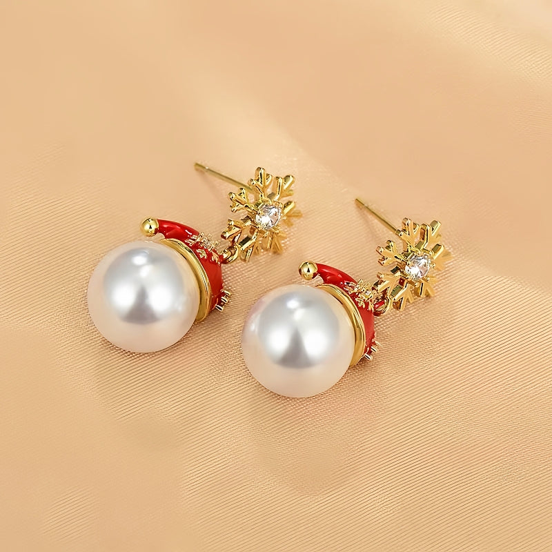 14K Gold-Plated Christmas Zircon Snowflake Hat Imitation Pearl Earrings