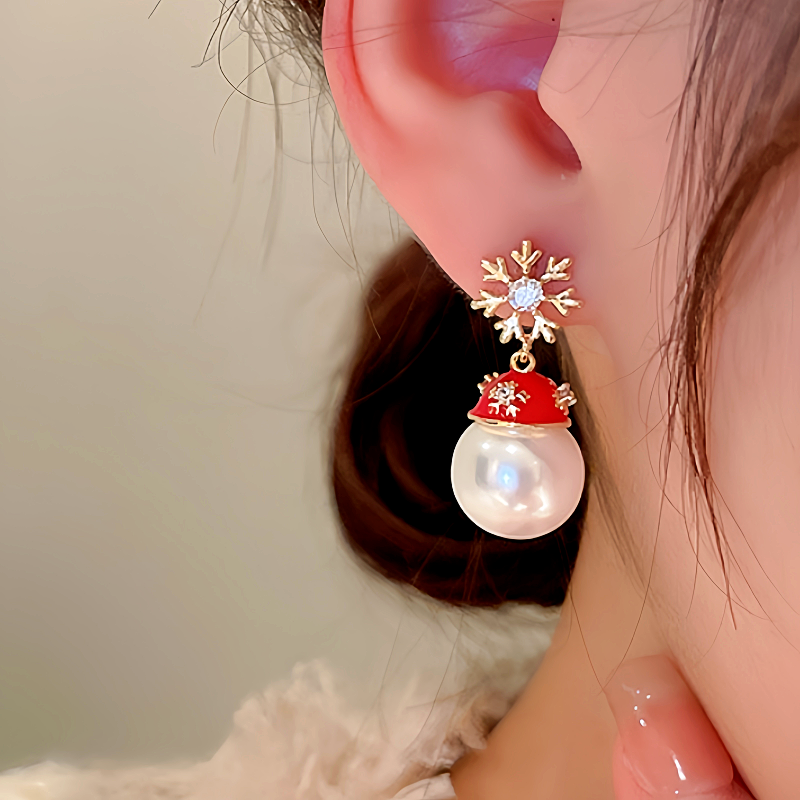 14K Gold-Plated Christmas Zircon Snowflake Hat Imitation Pearl Earrings
