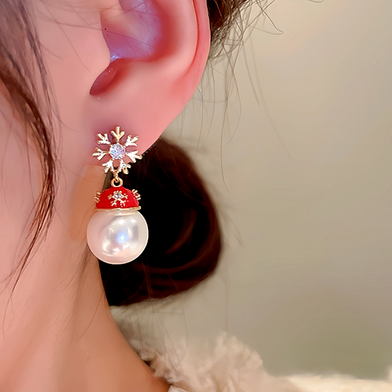 14K Gold-Plated Christmas Zircon Snowflake Hat Imitation Pearl Earrings
