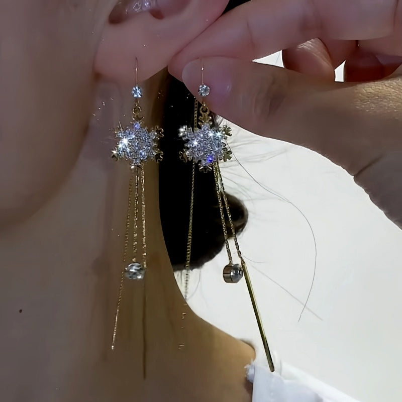 14K Gold-Plated Christmas Zircon Snowflake Tassel Threader Earrings